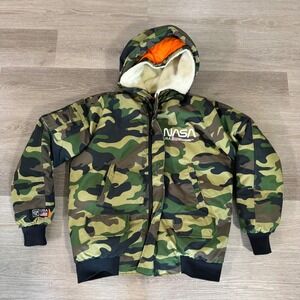 Hudson Outerwear Jacket Mens L Camo NASA USA Bomber Hooded Sherpa Lined RN157204